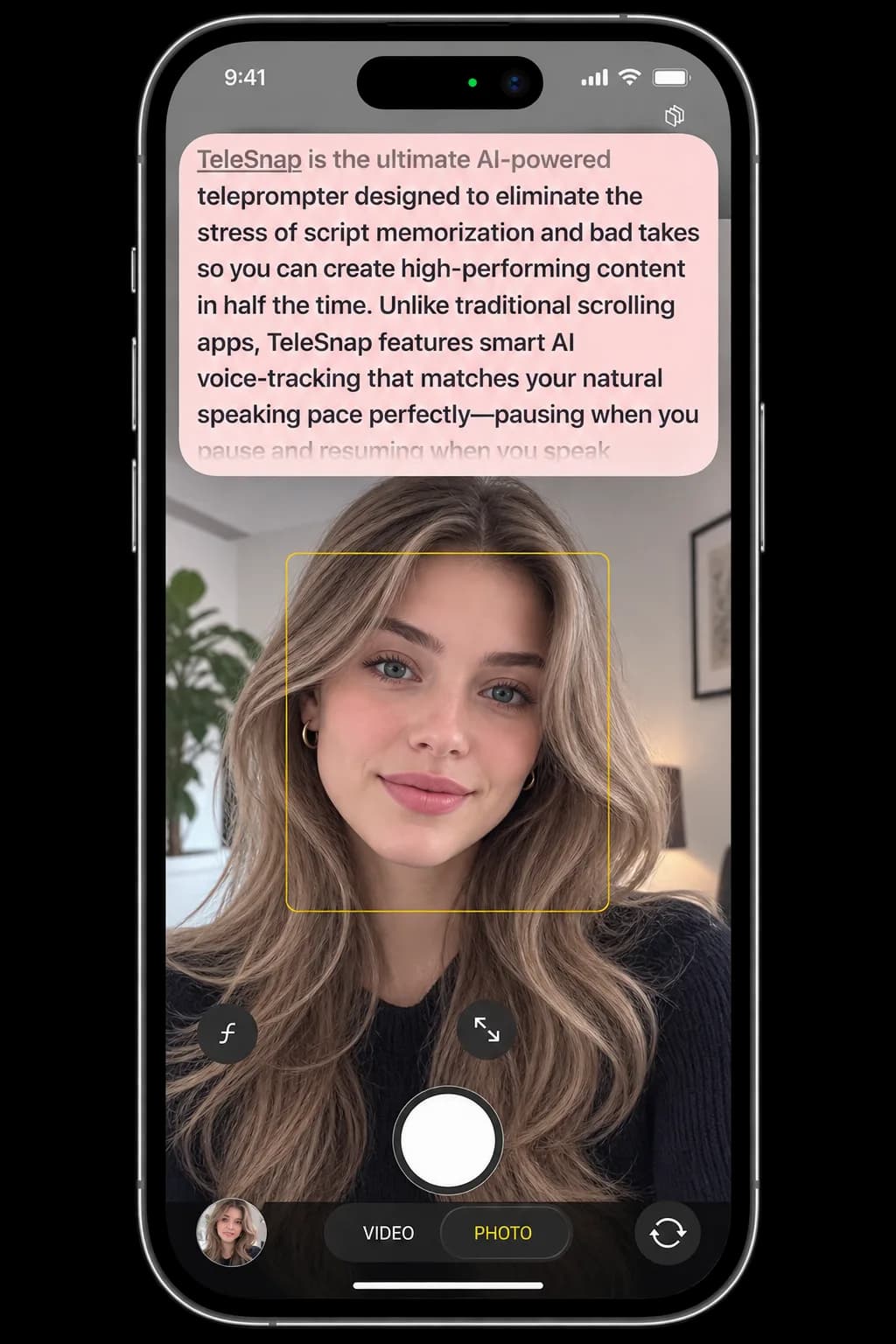 TeleSnap prompter running over the iPhone front camera.